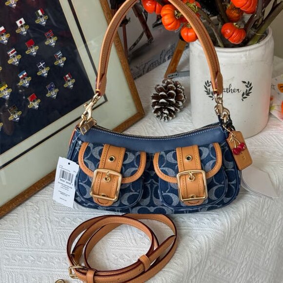 Coach Ashton Baguette Bag In Signature Canvas Denim/Brown CY700 - Picture 1 of 11